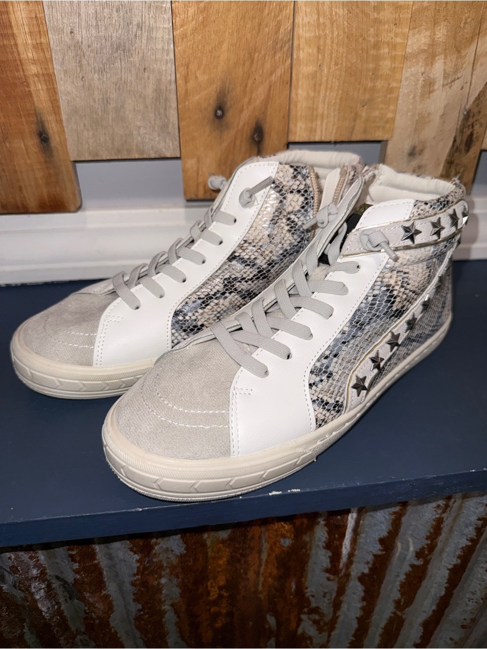 Vintage Havana White, Gray & Snake-Print High-Top Sneakers with Star Studs - Picture 8 of 9